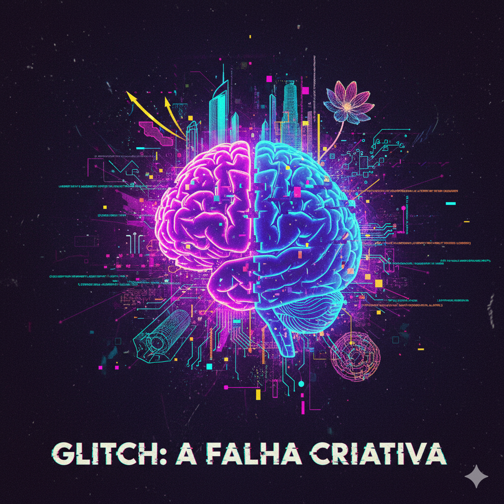 Cérebro neon estilizado com circuitos digitais e efeitos de glitch, unindo criatividade e tecnologia. Título: Glitch: A Falha Criativa.