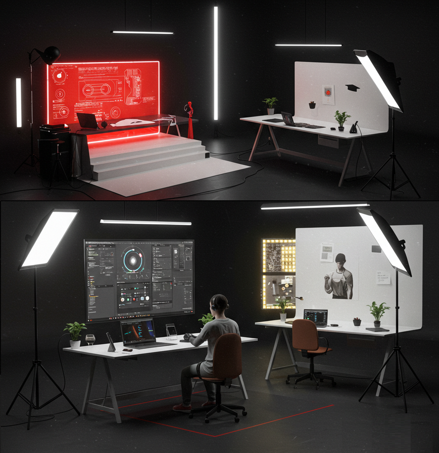 Estúdio fotográfico da Infinity School com equipamentos de iluminação profissionais
