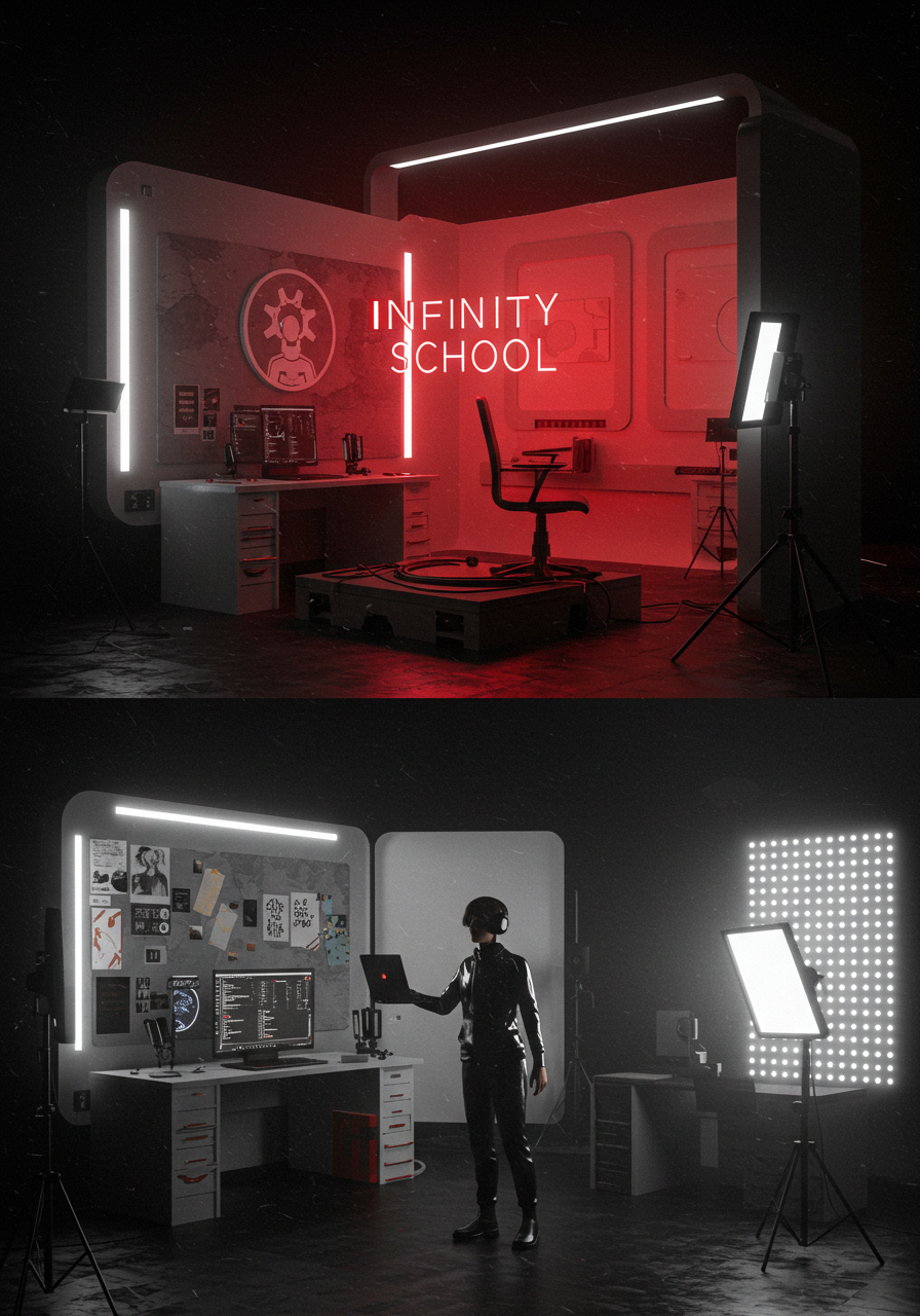 Equipe de filmagem em um set profissional da Infinity School
